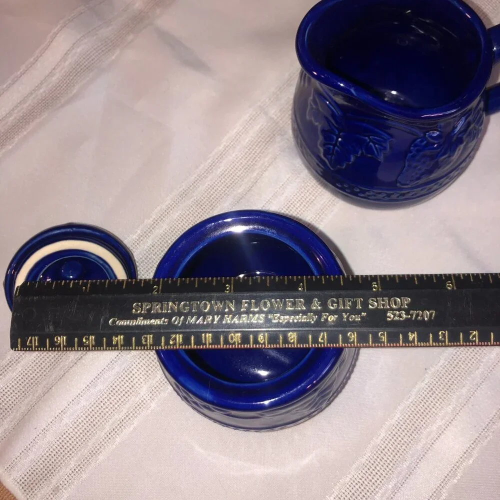 Cobalt Blue Ceramic Creamer Pitcher & Sugar Set featuring embossed fruit design - Picture 8 of 9